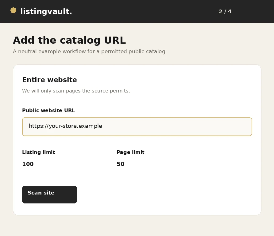 Listing Vault import dialog with Entire website selected